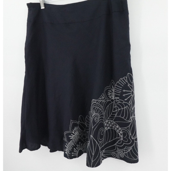 Flared Skirt Large Blue Floral Embroidery Ramie-Blend Modest Breezy - Picture 6 of 12